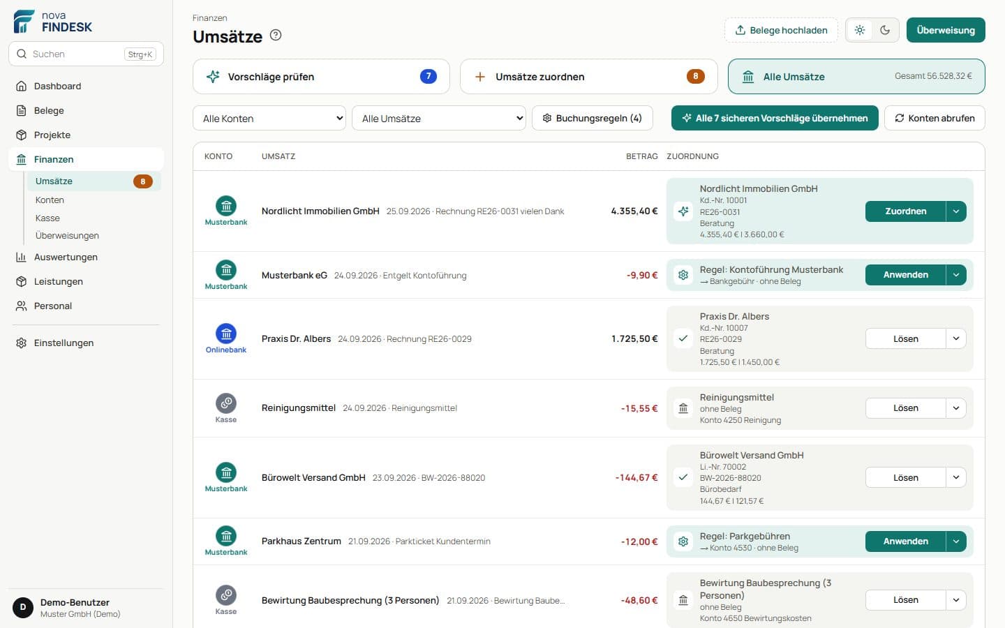 Kontoumsätze mit Vorschlägen zur Zuordnung