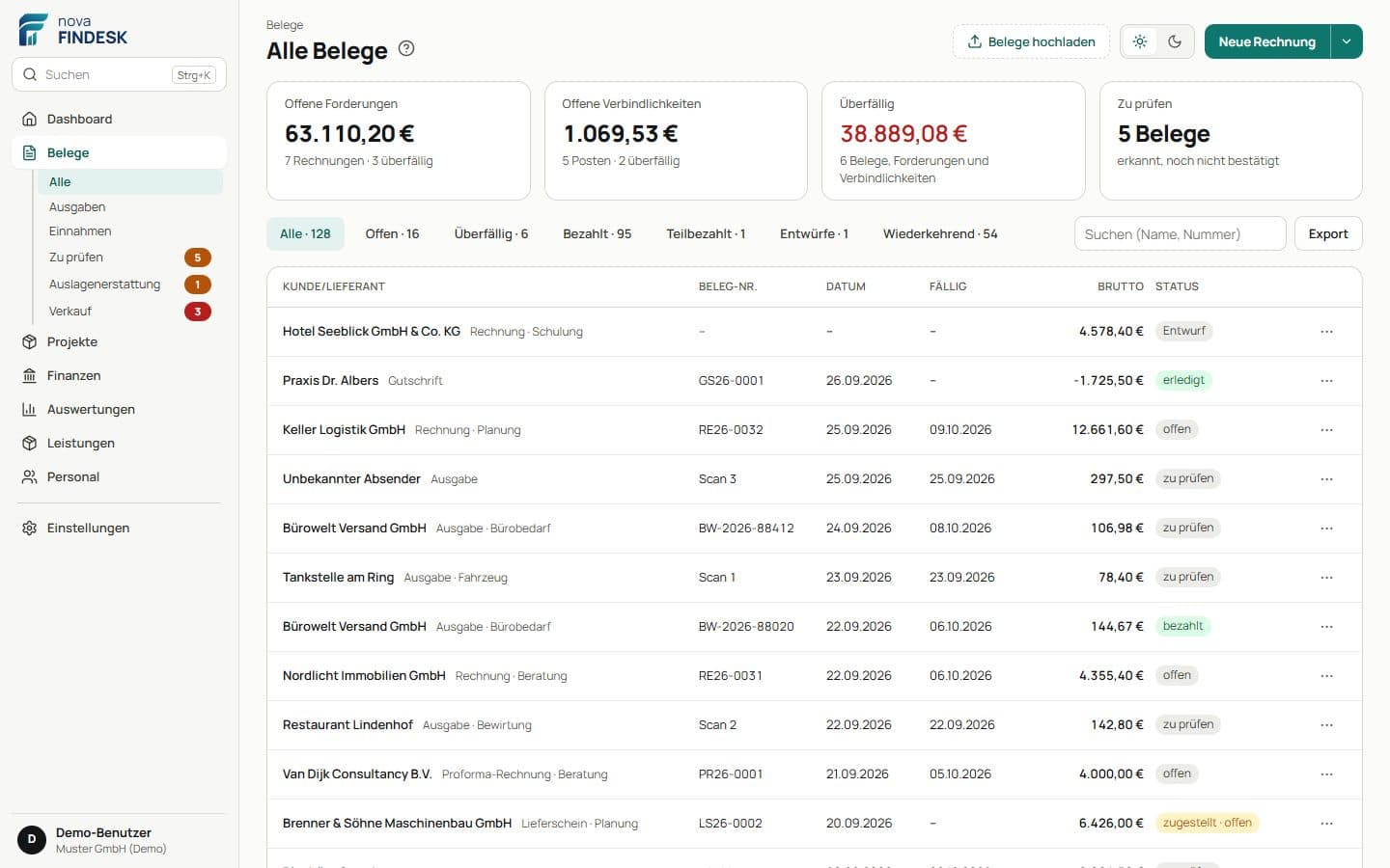 Liste aller Belege mit Status, Fälligkeit und Betrag
